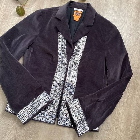 Tory Burch Grey Velvet Natasha Sequin Embellished Blazer EUC - Picture 7 of 7